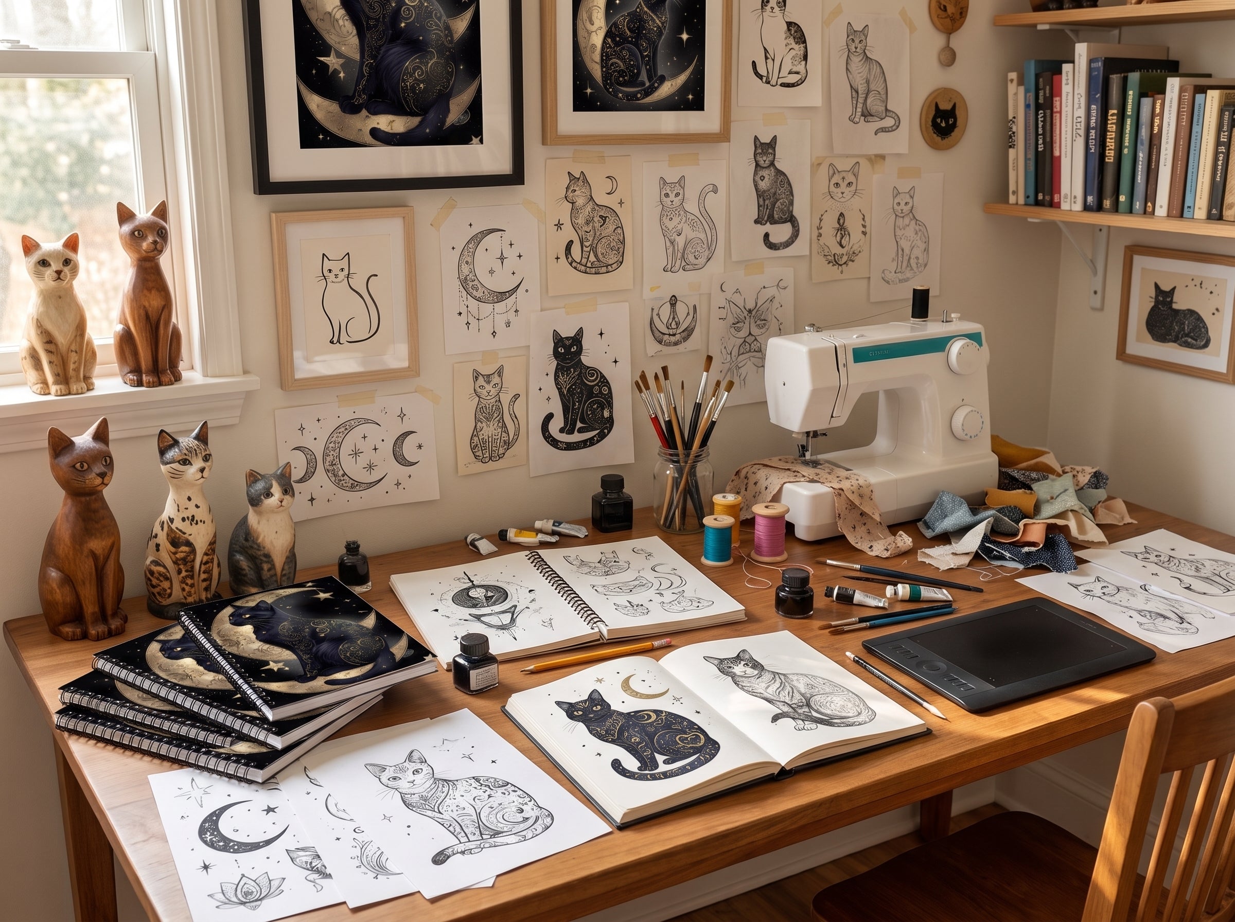 Artistic workshop with cat sketches and notebooks