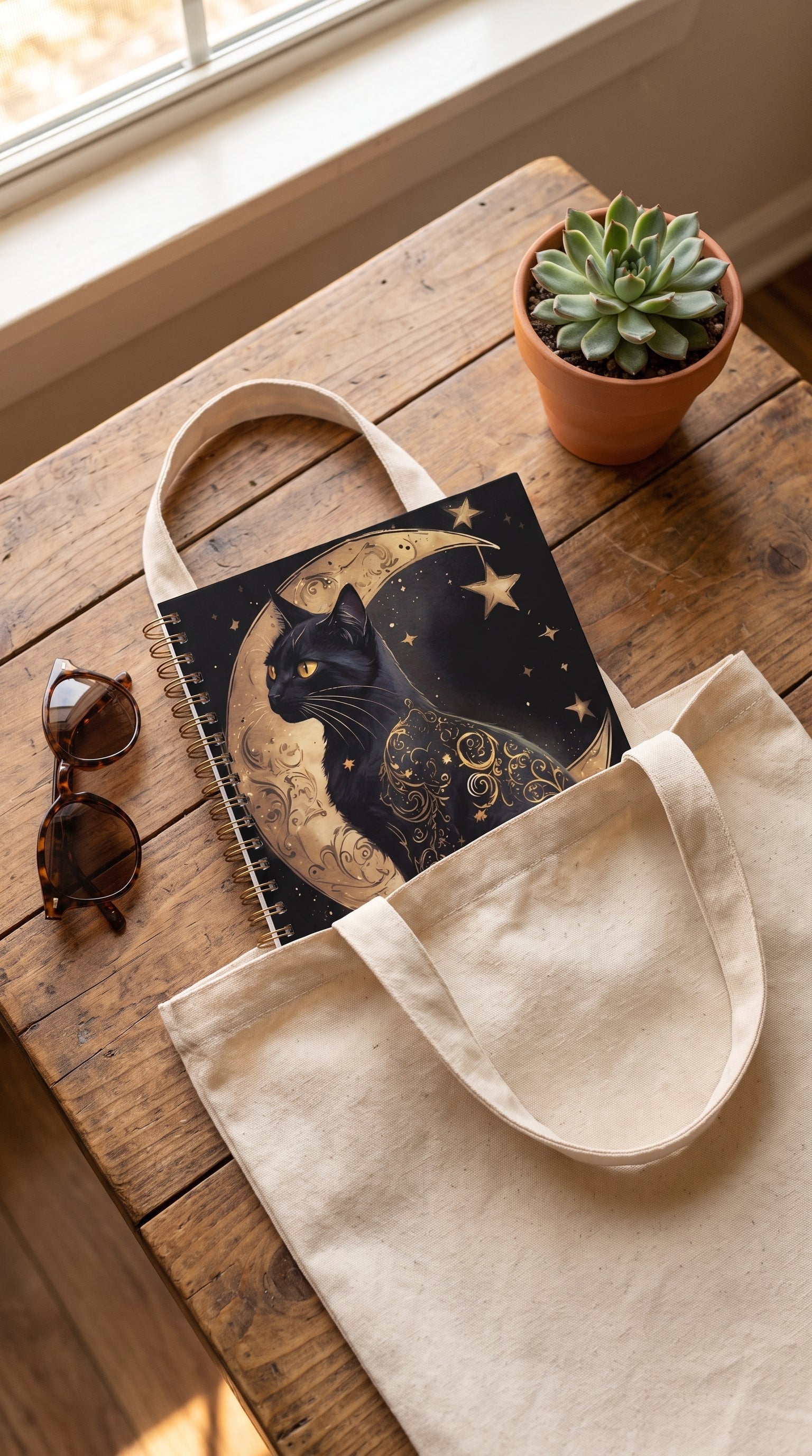 Celestial black cat notebook inside a tote bag