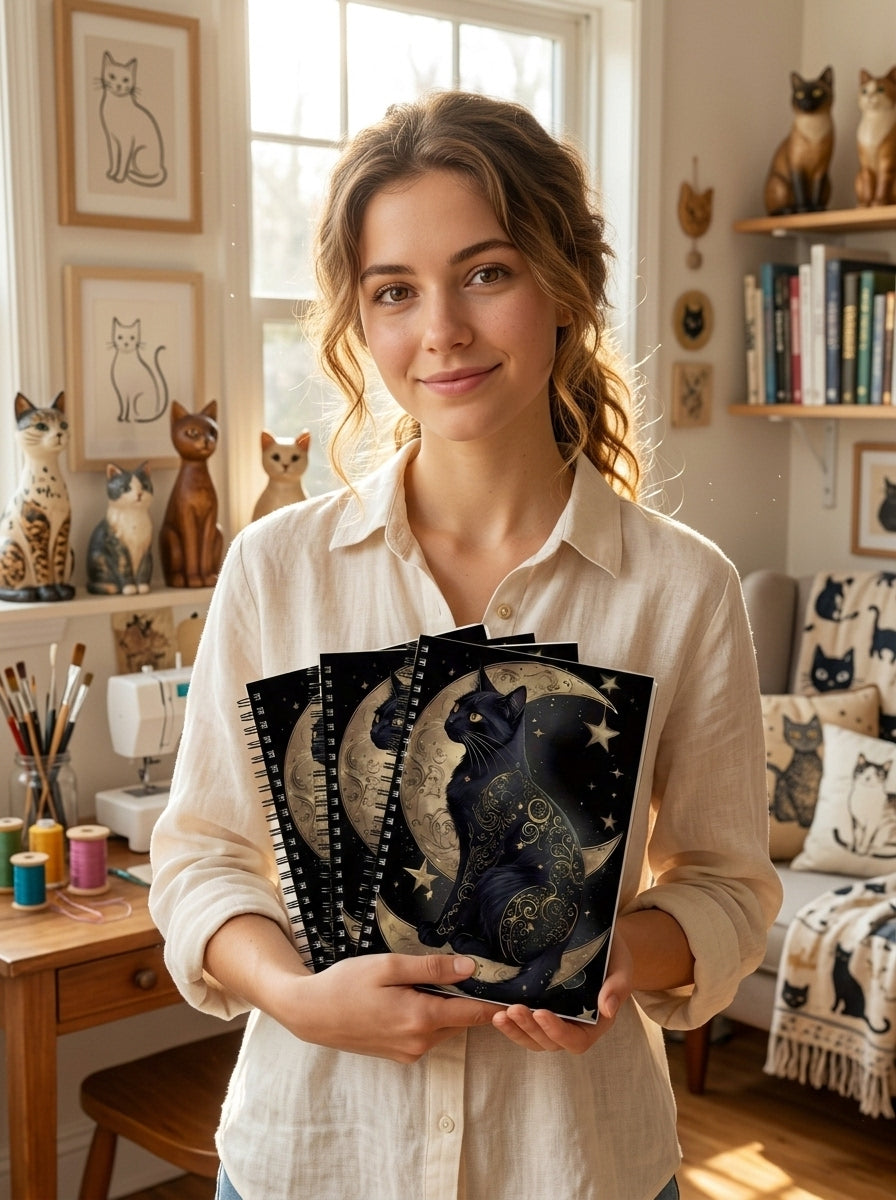 Woman holding celestial black cat notebooks in studio